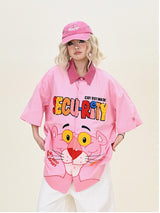 Pink Button-Up Shirt with Character & Lettering Print