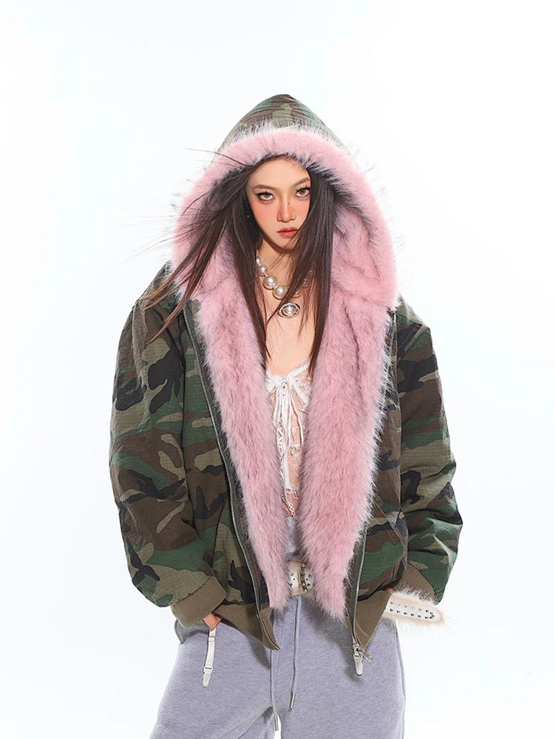 Pink Fur & Camo Reversible Hoodie Jacket