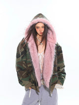 Pink Fur & Camo Reversible Hoodie Jacket