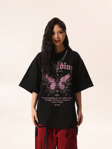 Black Tee with Pink Butterfly & Cut-Out Details
