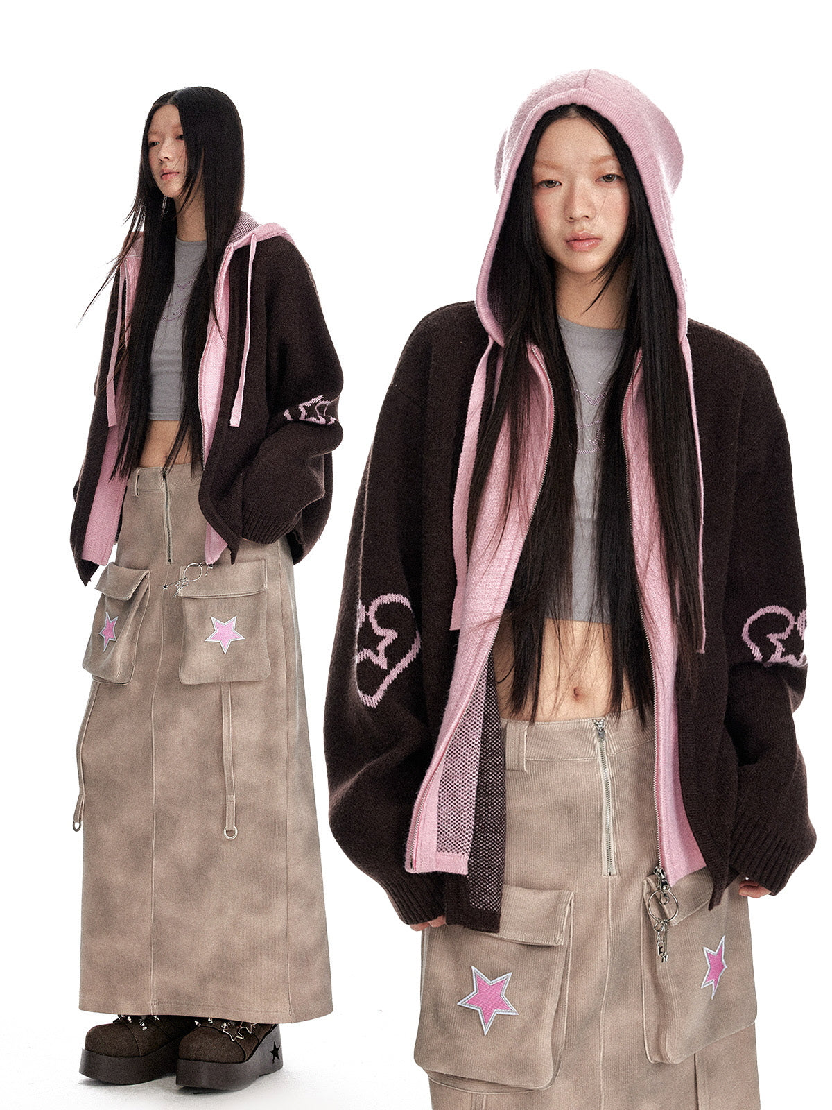 Two-Tone Heart Knit Zip-Up Hoodie