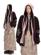 Two-Tone Heart Knit Zip-Up Hoodie