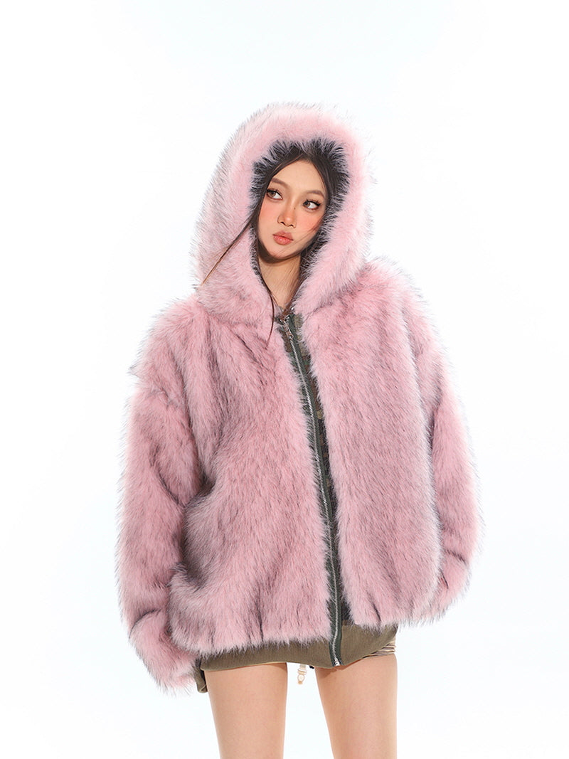 Pink Fur & Camo Reversible Hoodie Jacket
