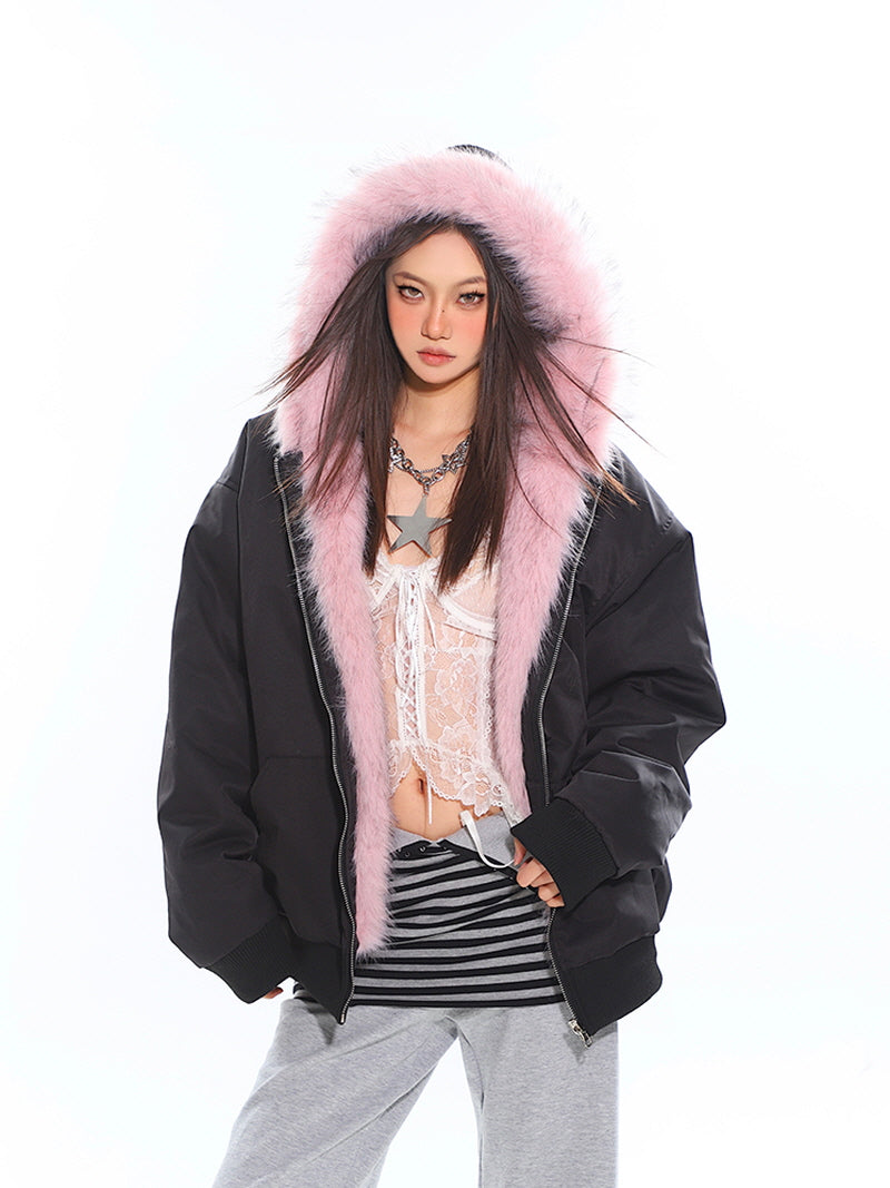 Pink Fur & Black Reversible Hoodie Jacket