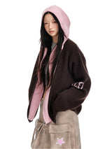 Two-Tone Heart Knit Zip-Up Hoodie
