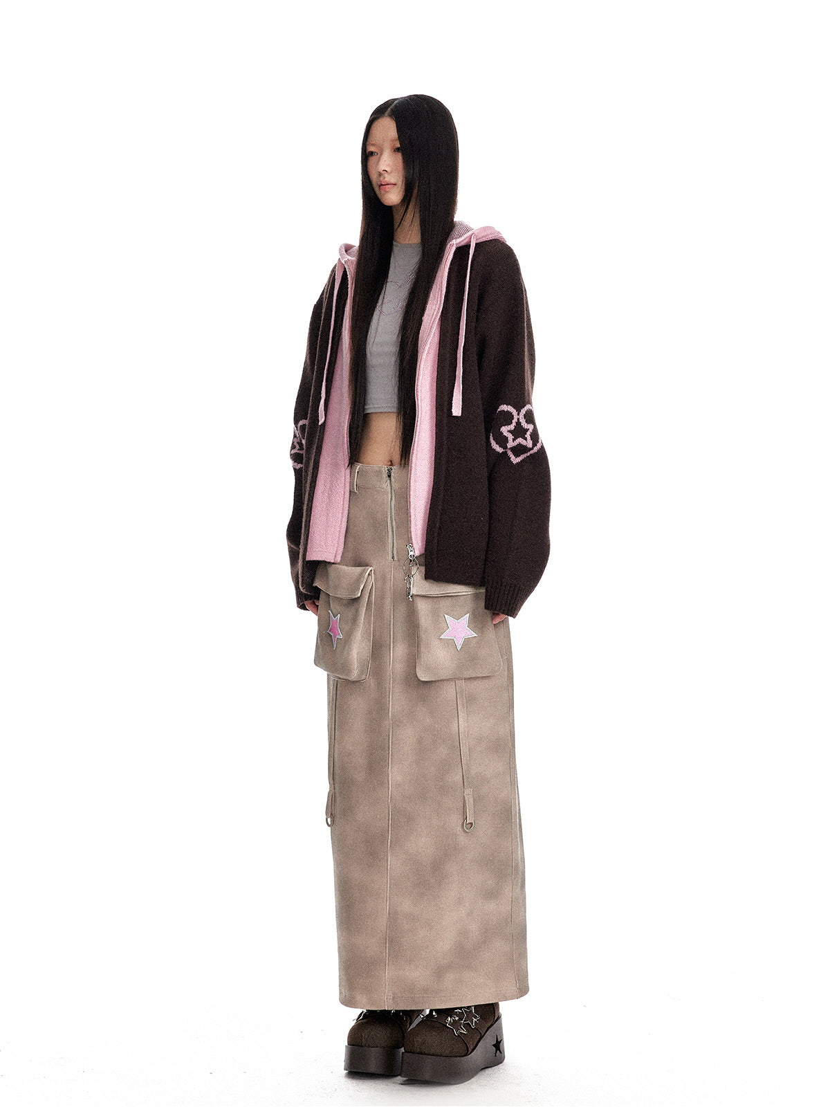 Two-Tone Heart Knit Zip-Up Hoodie