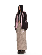 Two-Tone Heart Knit Zip-Up Hoodie
