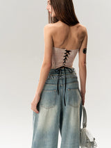 Pink Corset Tank Top with Black Ribbon