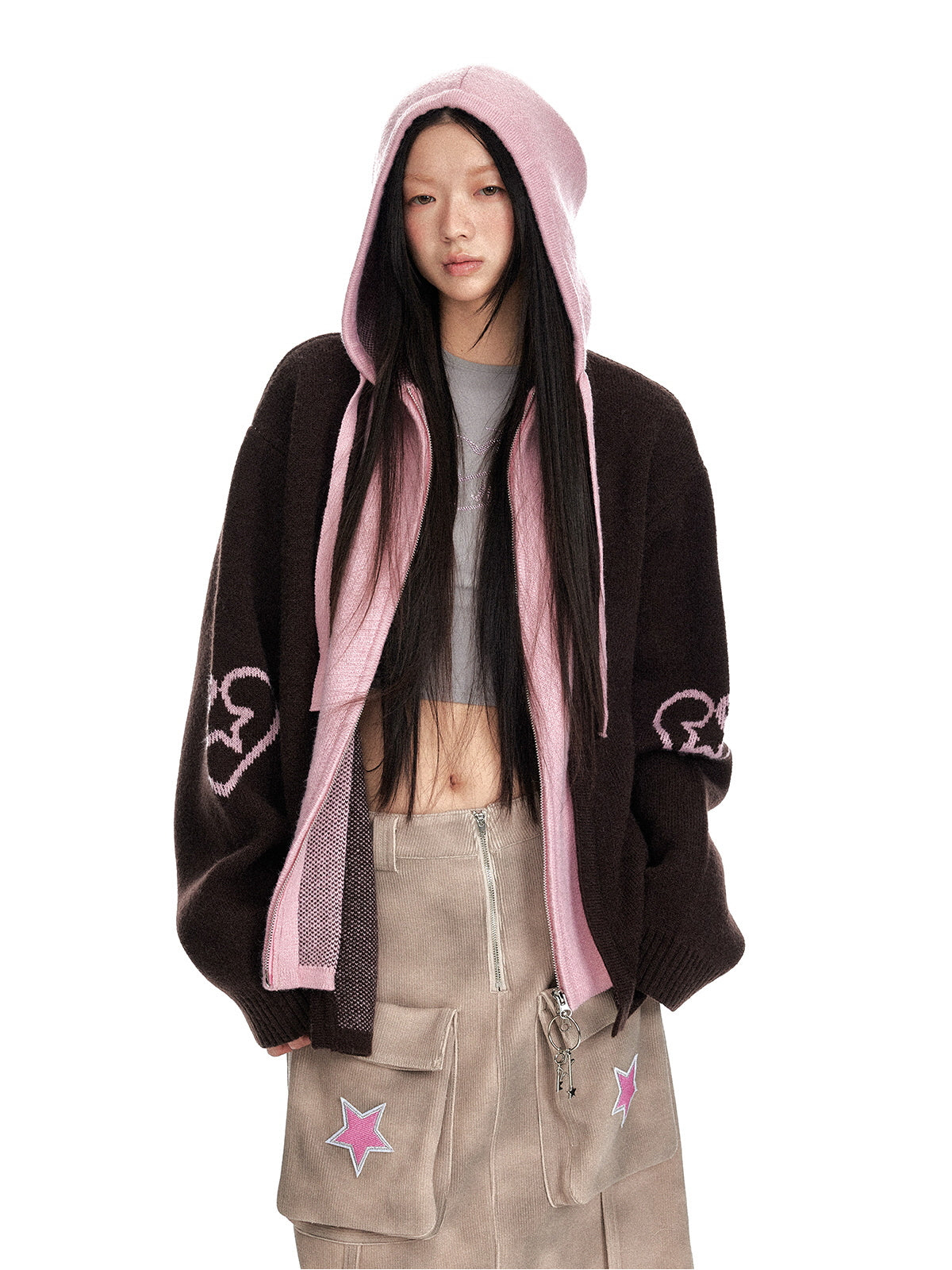 Two-Tone Heart Knit Zip-Up Hoodie