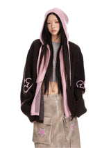 Two-Tone Heart Knit Zip-Up Hoodie