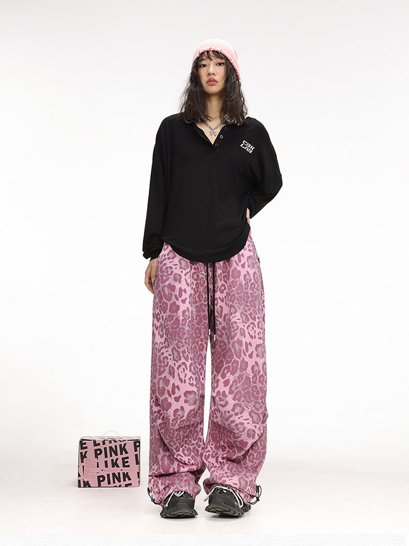 Pink Leopard Wide Leg Pants
