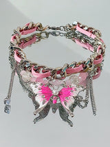 Pink Butterfly Leather Chain-Stitched Choker