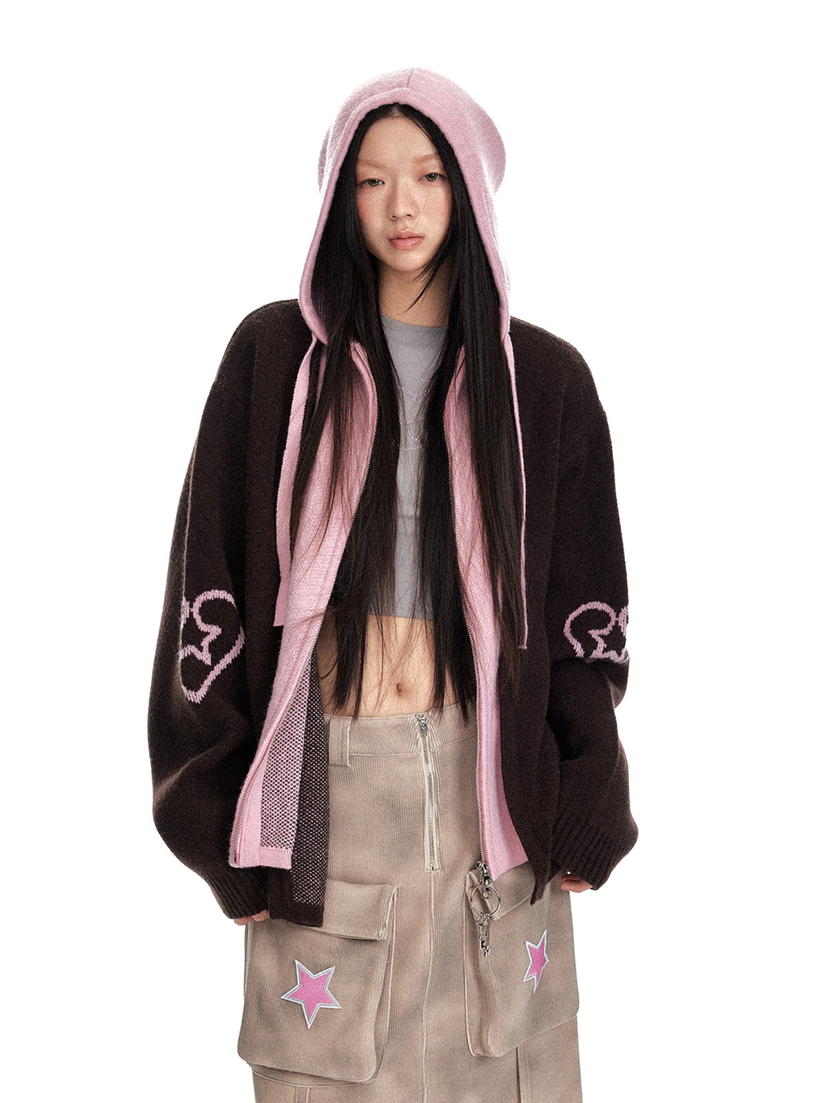 Two-Tone Heart Knit Zip-Up Hoodie