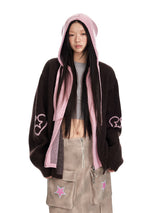Two-Tone Heart Knit Zip-Up Hoodie