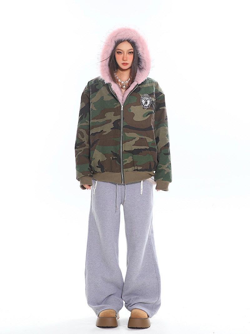 Pink Fur & Camo Reversible Hoodie Jacket