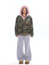 Pink Fur & Camo Reversible Hoodie Jacket