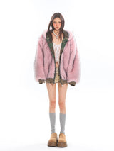 Pink Fur & Camo Reversible Hoodie Jacket
