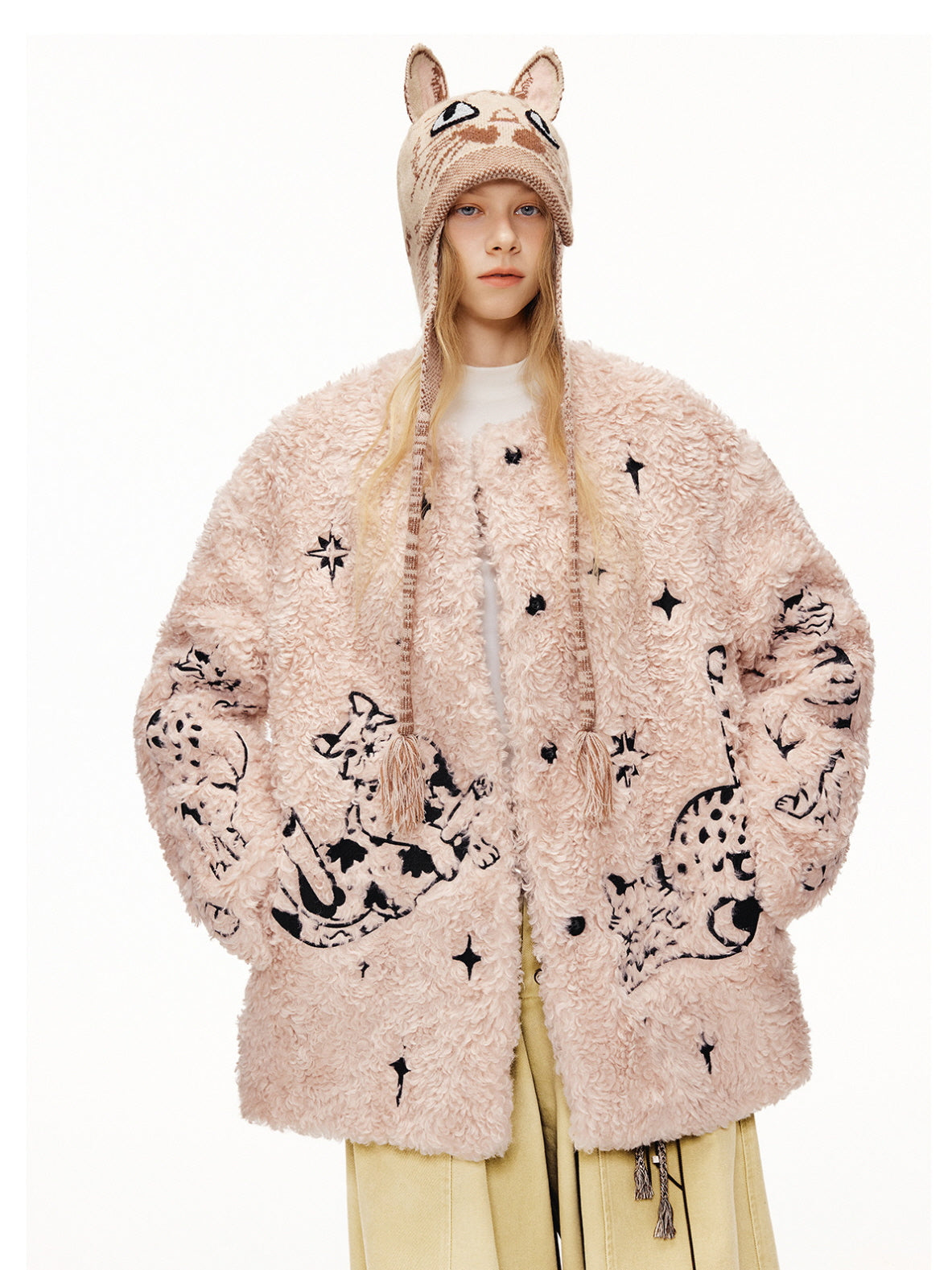 Cat Illustration Dumble Fur Jacket