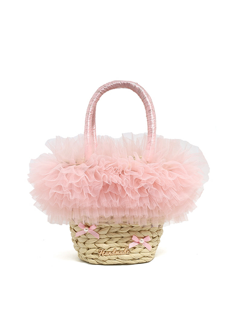 Pink Lace Rattan Tote