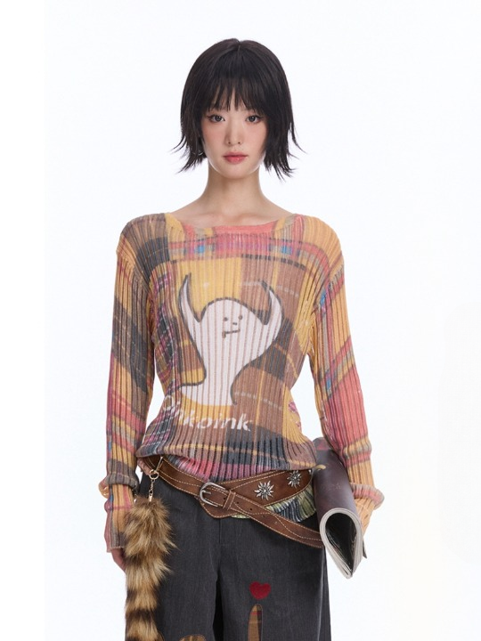 Multi-Color Check Knit Top with Ghost Print