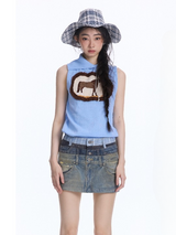 Sky Blue Horse Graphic Sleeveless Knit Top
