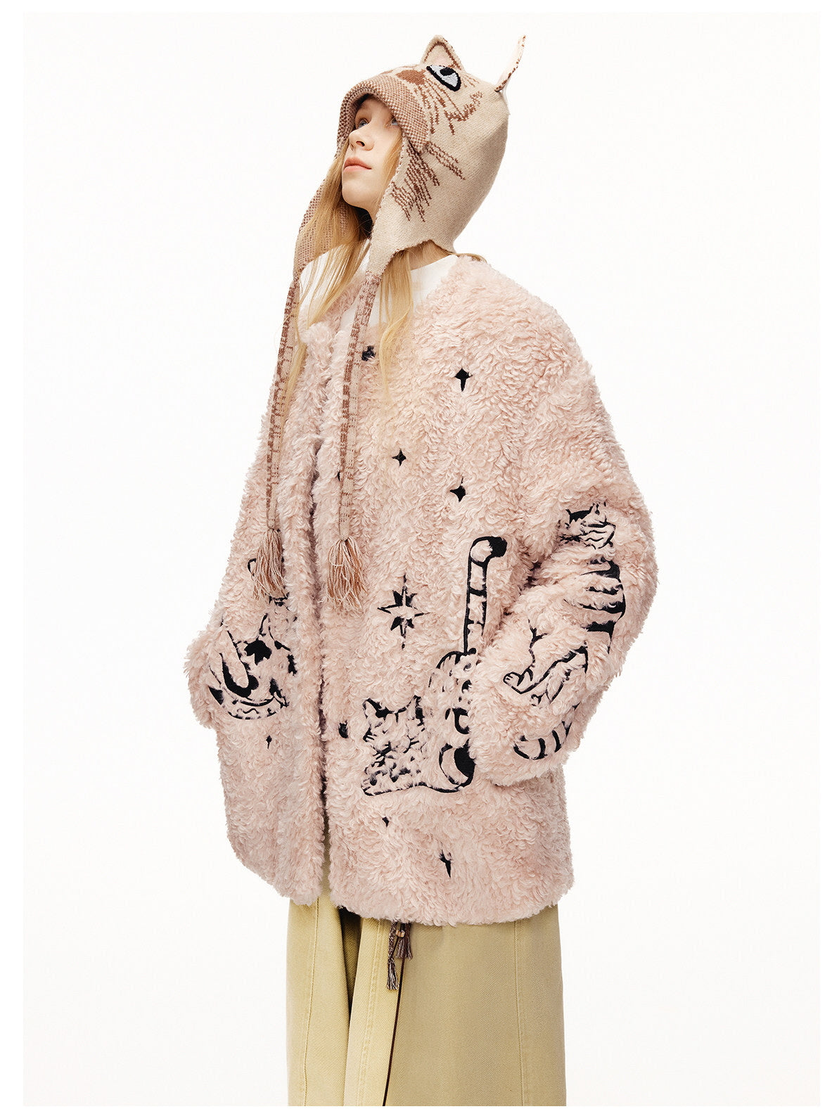 Cat Illustration Dumble Fur Jacket