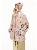 Cat Illustration Dumble Fur Jacket
