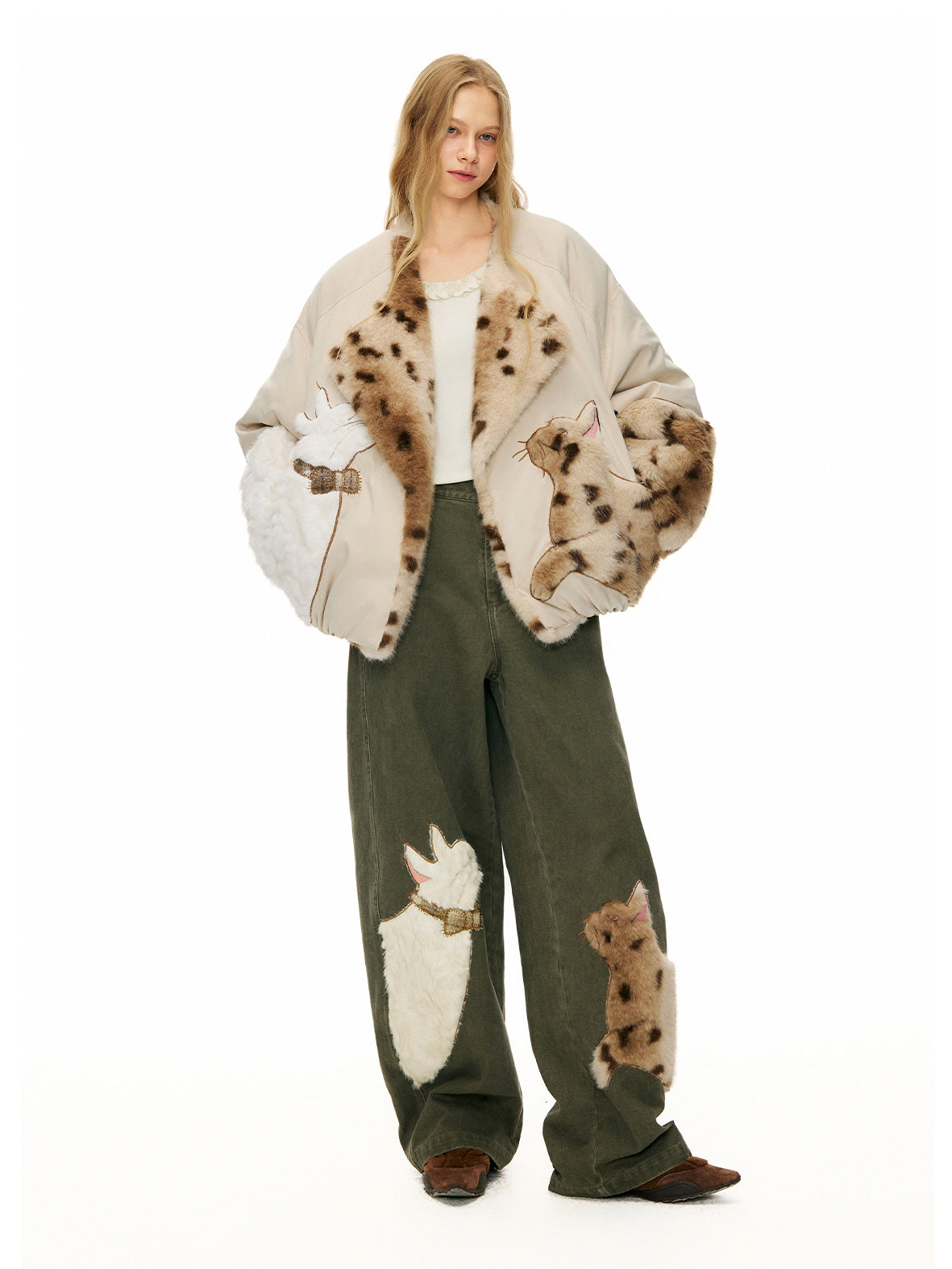 Khaki Rabbit & Deer Patch Pants