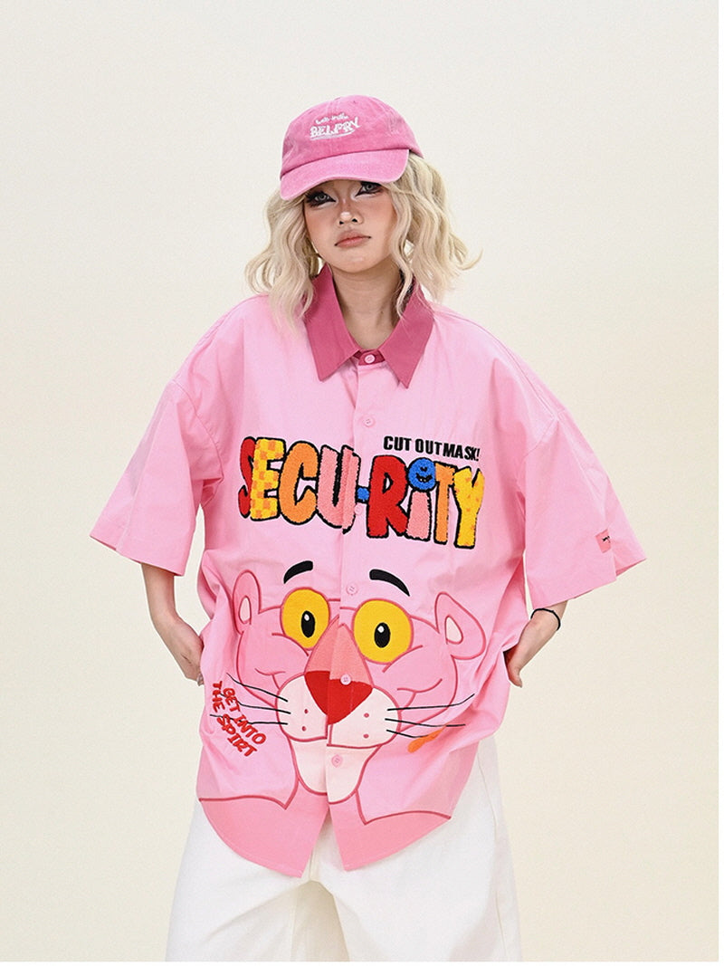 Pink Button-Up Shirt with Character & Lettering Print