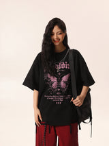 Black Tee with Pink Butterfly & Cut-Out Details