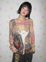 Multi-Color Check Knit Top with Ghost Print