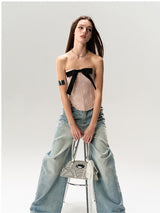 Pink Corset Tank Top with Black Ribbon