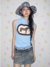 Sky Blue Horse Graphic Sleeveless Knit Top