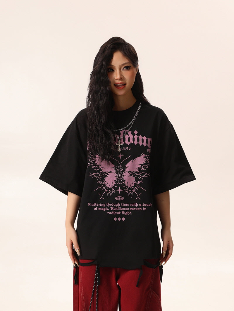Black Tee with Pink Butterfly & Cut-Out Details