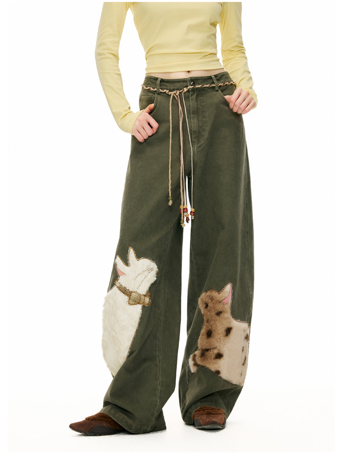 Khaki Rabbit & Deer Patch Pants