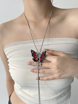 Reddish Pink Y-Shaped Butterfly Necklace