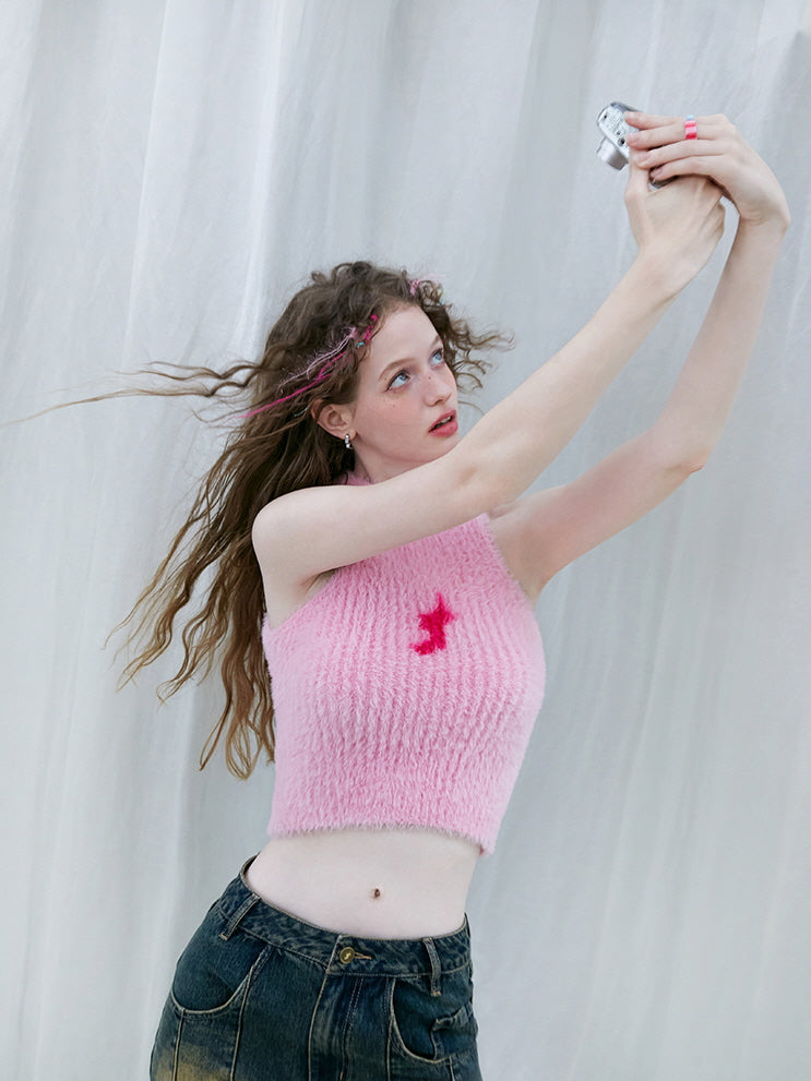 Pink Fuzzy Cropped Vest