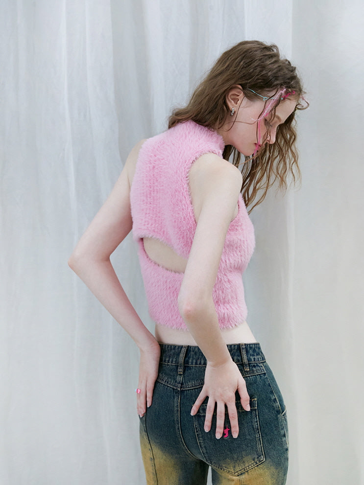 Pink Fuzzy Cropped Vest