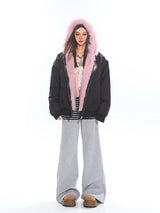 Pink Fur & Black Reversible Hoodie Jacket
