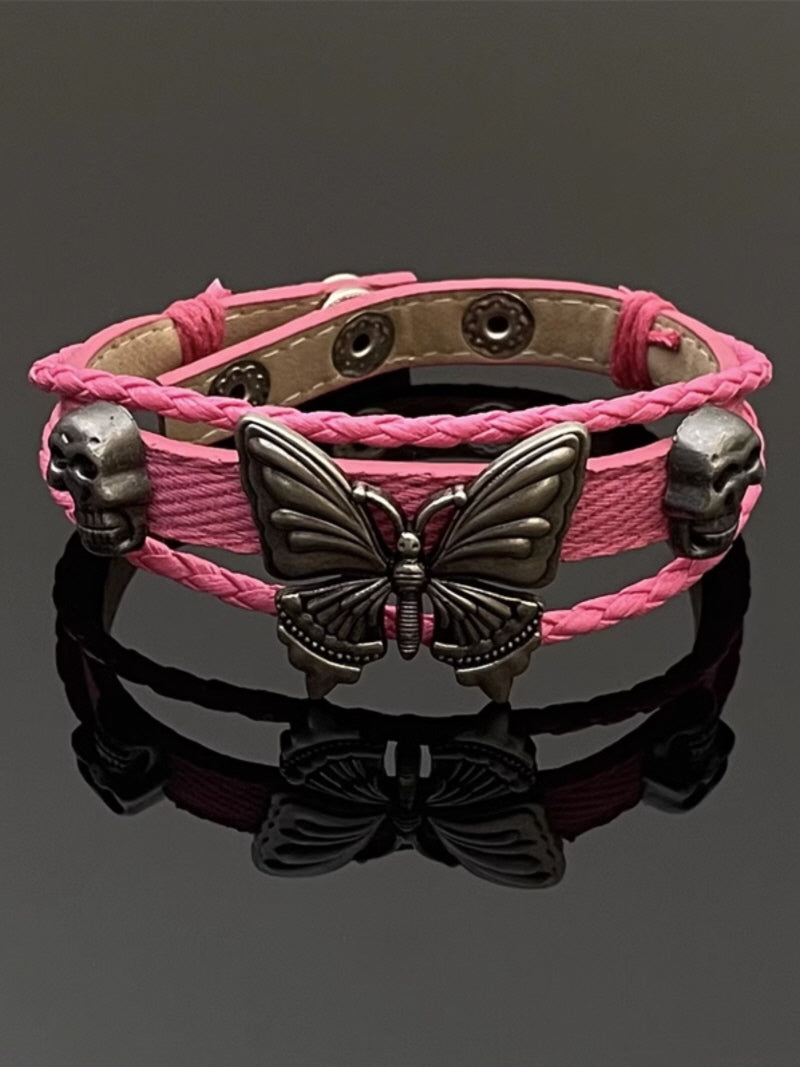 Pink Leather Butterfly Bracelet