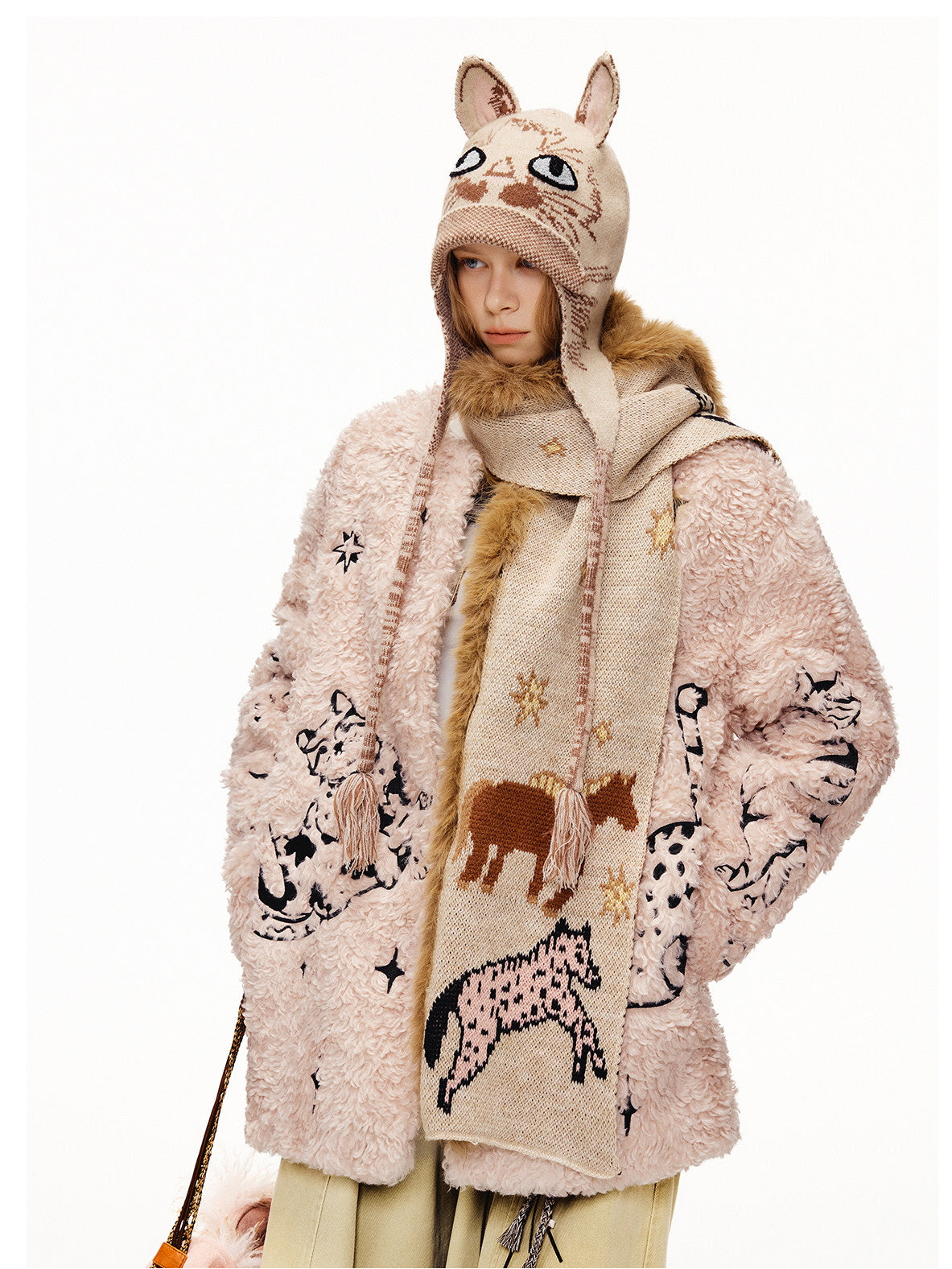 Cat Illustration Dumble Fur Jacket
