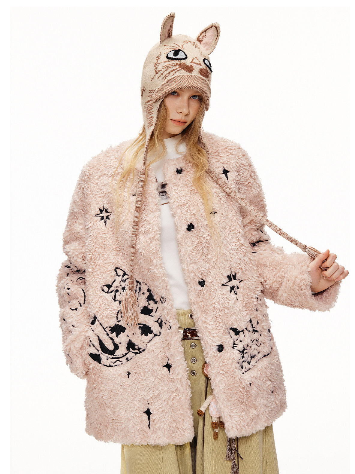 Cat Illustration Dumble Fur Jacket
