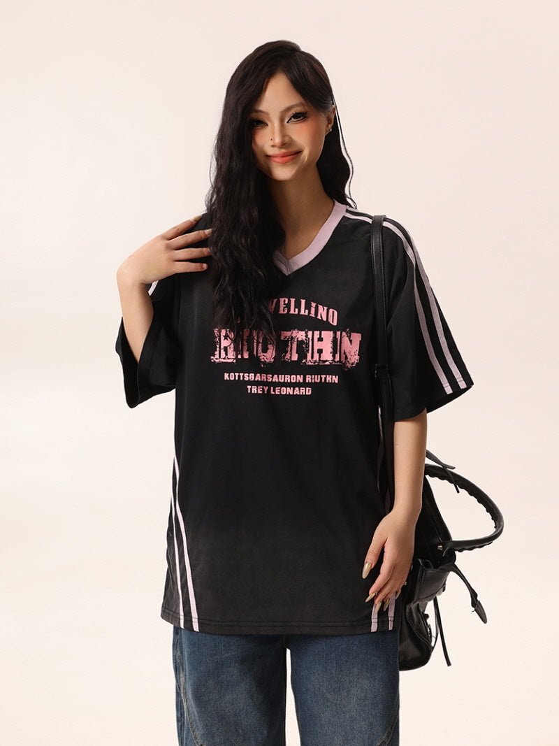 Black V-Neck Tee with Pink Accents