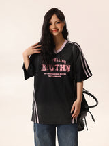 Black V-Neck Tee with Pink Accents