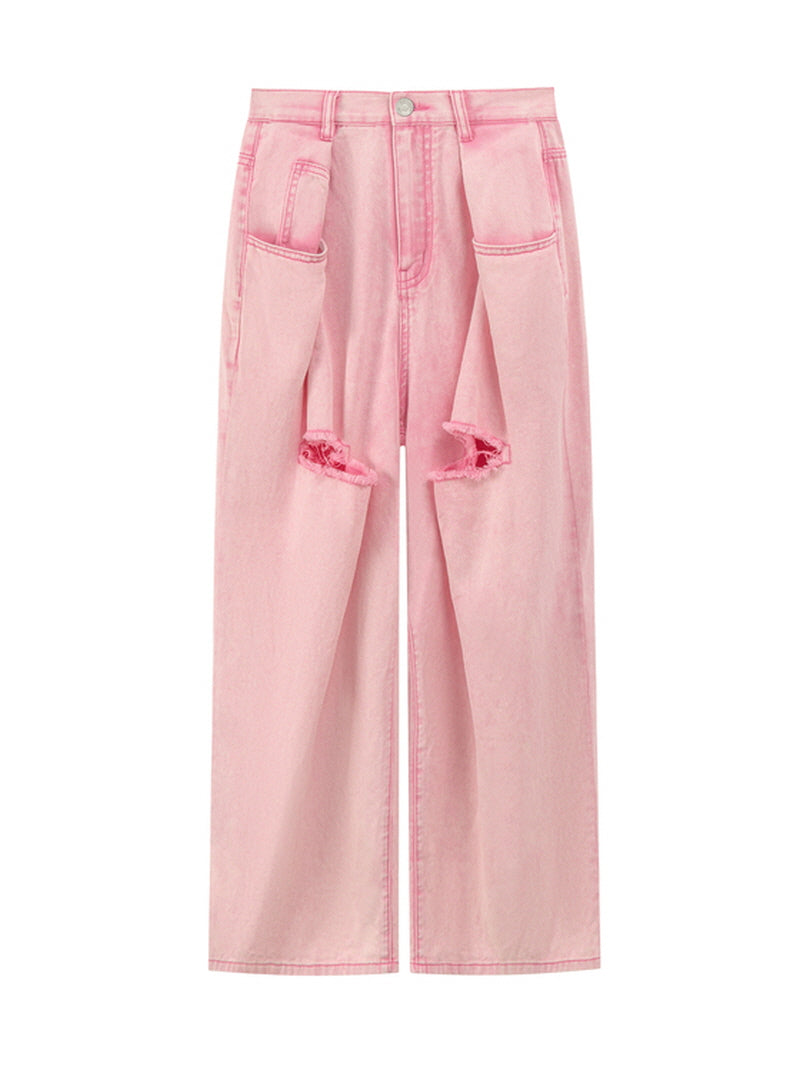 Blush Ripped Wide-Leg Jeans
