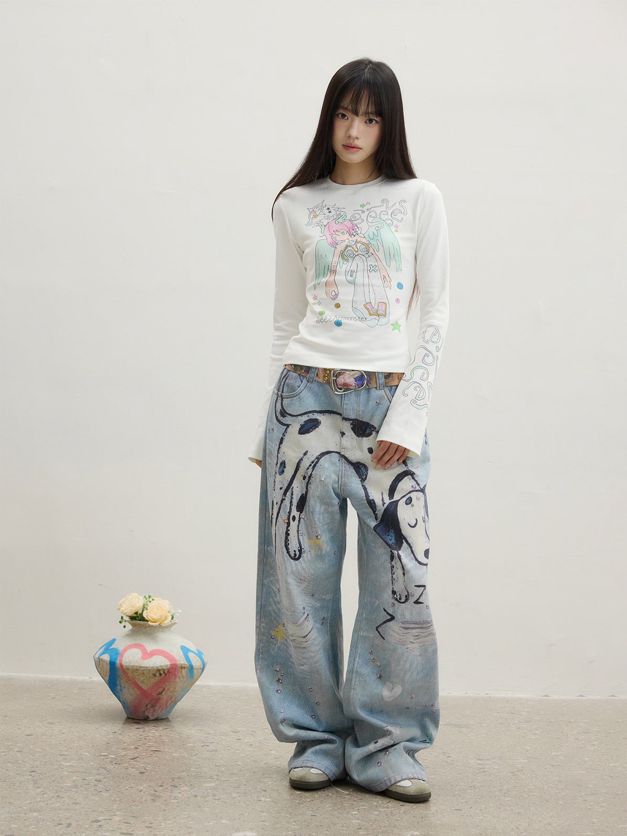 Dalmatian Print Wide-Leg Denim Pants
