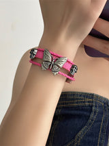 Pink Leather Butterfly Bracelet