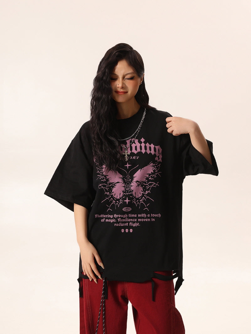 Black Tee with Pink Butterfly & Cut-Out Details