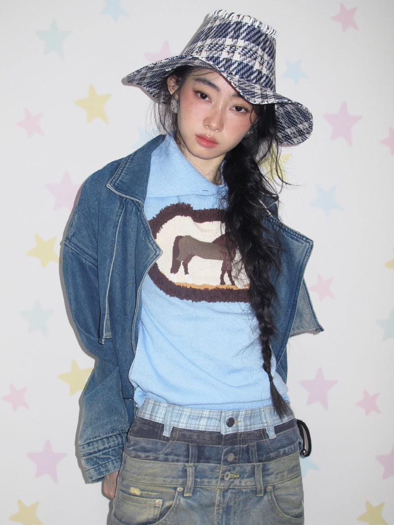 Sky Blue Horse Graphic Sleeveless Knit Top