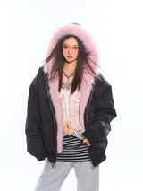 Pink Fur & Black Reversible Hoodie Jacket